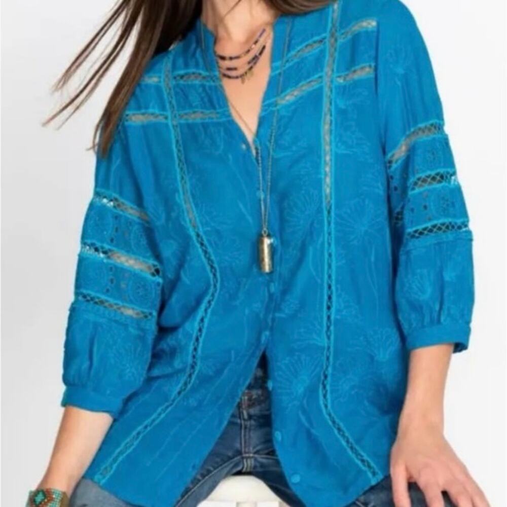 Johnny Was Turquoise Embroidered Daisy Peia Tunic XXS